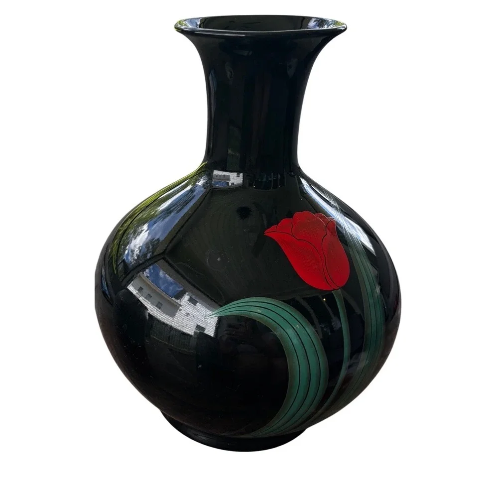 Vintage Ceramic Vase 8 Inch Black Red Tulip 80s Postmodern Japan Decor